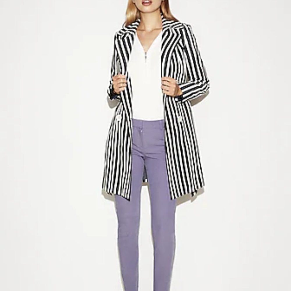 Express Navy Blue & White Striped Belted Trench‎ Coat Size Small